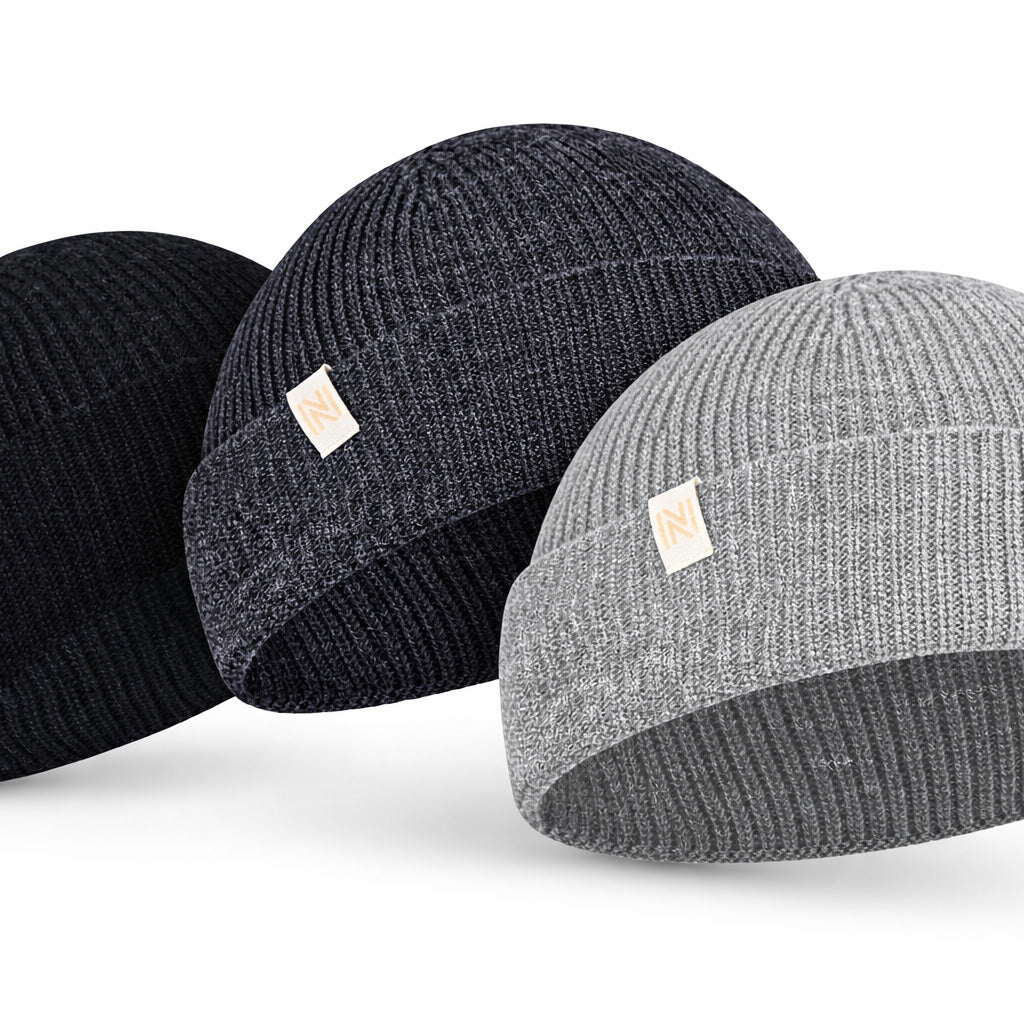 Norfolk Norwick merino wool beanie 3 pack, black, gray and charcoal