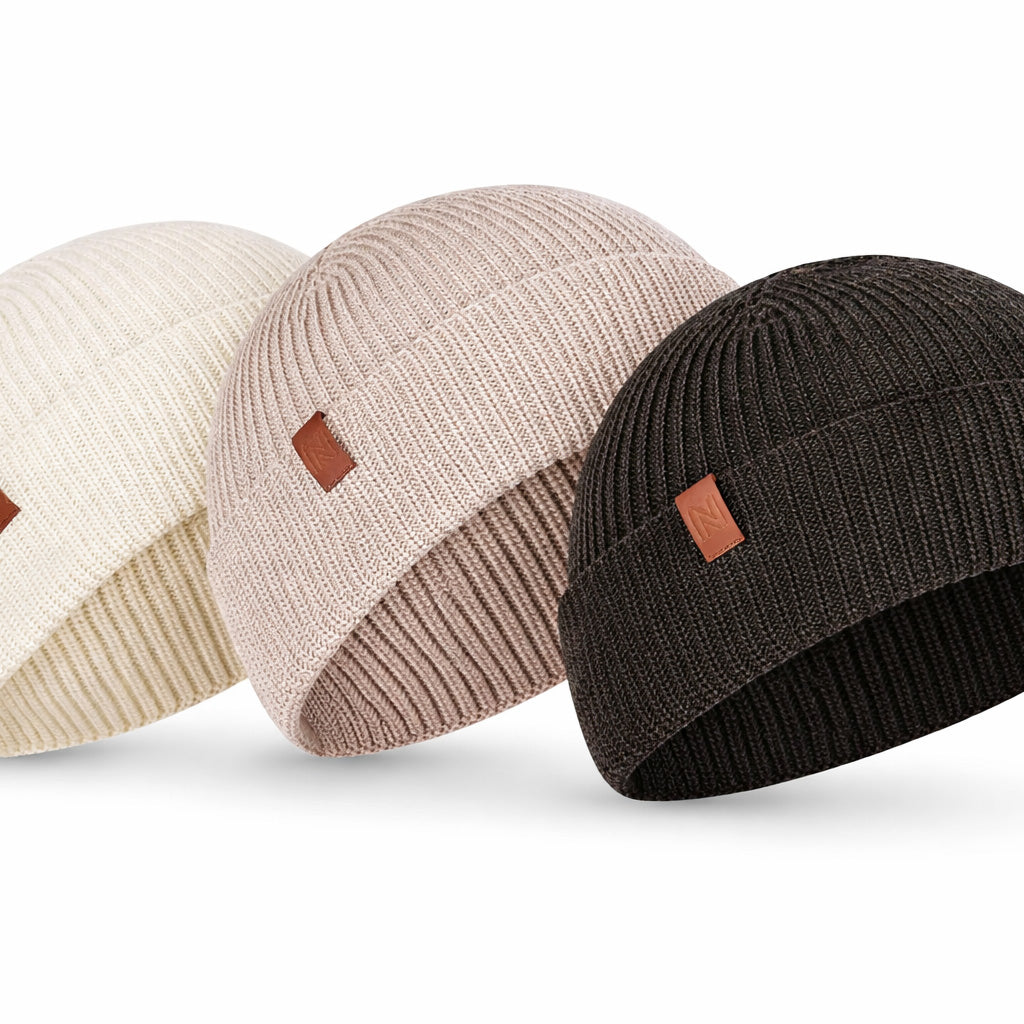 Norfolk Norwick merino wool beanie 3 pack, beige, green and cream